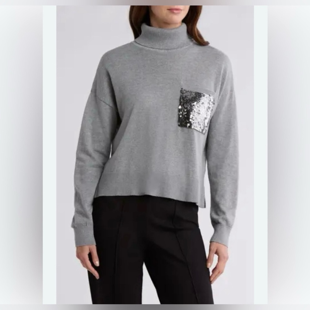 DKNY Gray Turtleneck Sweater with Sequin Accent Pocket/Large